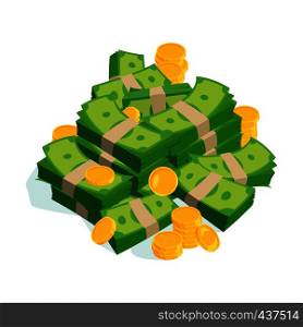 Very large bundles of money and coins. Vector isolated on white. Cash money finance green banknot and gold coins illustration. Very large bundles of money and coins. Vector isolated on white