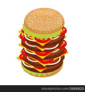 Very large hamburger. High juicy tall burger. Huge sandwich patties and cut roll. Big Fresh juicy food. Ingredients: steak and onions, cheese and tomatoes