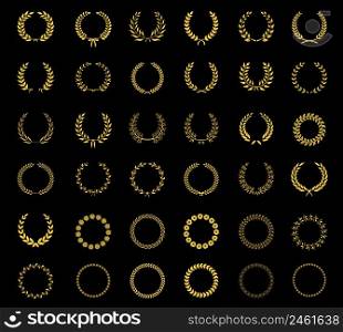 Very large set of thirty-six different vector laurel wheat floral and foliate wreaths and circular frames for awards heraldry antiquity victory champion and excellence on black