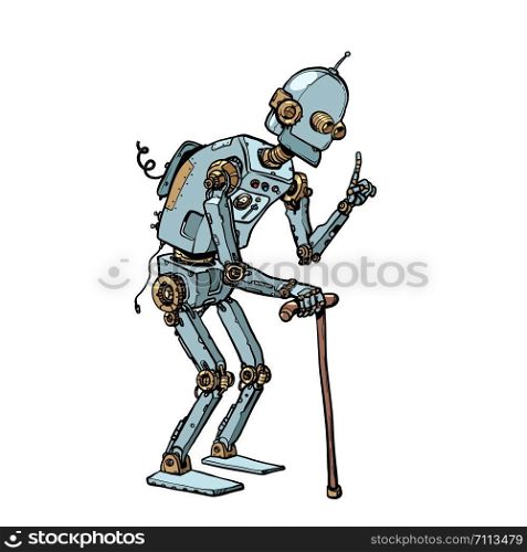 very old robot man with a stick. Pop art retro vector illustration drawing. very old robot man with a stick