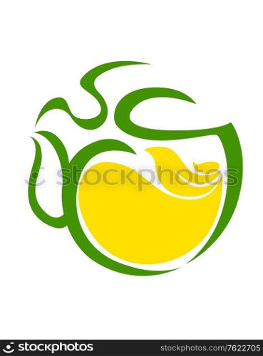Very stylized cup of steaming tea with a green outline and golden liquid in an eco or bio concept of the green flora and sunshine