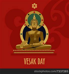 Vesak. Buddha Purnima. Traditional Buddhist holiday. Vector greeting card With Golden Buddha.. Vesak day banner with Gold Buddha and Lotus petals. Vector illustration.