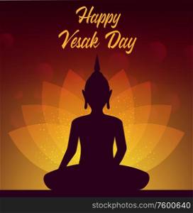Vesak Day Buddha with lotus vector design of Buddhism religion holiday. Buddhist monk statue of Buddha with lotus flower glowing petals and sparkles, religious greeting card or poster. Buddha with lotus, Vesak Day holiday of Buddhism