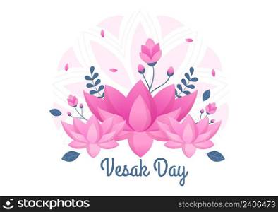 Vesak Day Celebration with Temple Silhouette, Lantern or Lotus Flower Decoration in Flat Cartoon Background Illustration for Greeting Card or Poster