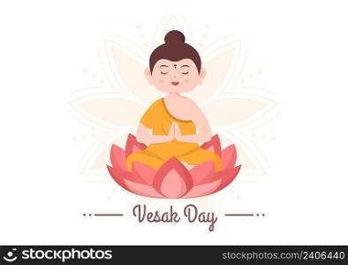 Vesak Day Celebration with Temple Silhouette, Lotus Flower Decoration, Lantern or Buddha Person in Flat Cartoon Background Illustration for Greeting Card