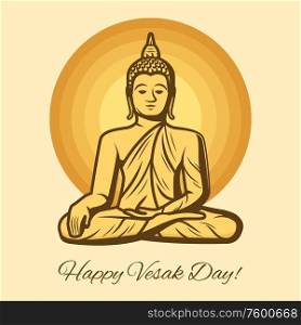 Vesak Day holiday vector greeting card with Buddha statue. Buddhism religion golden sculpture of meditating Buddha, oriental religious festival of Wesak Day commemoration. Buddha statue, Vesak Day Buddhism religion holiday