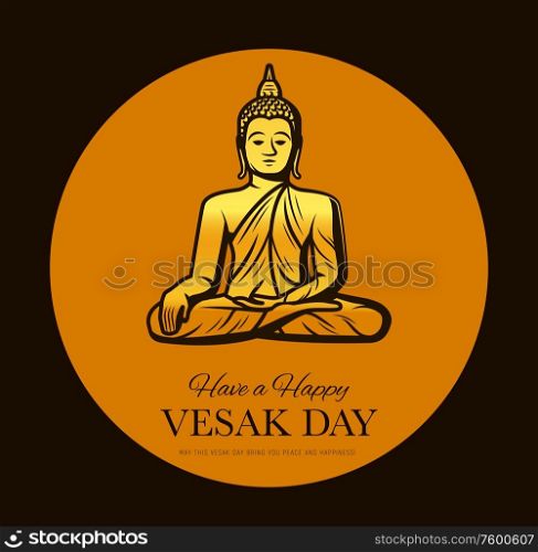 Vesak Day vector design of Buddhism religion Buddha holiday. Golden statue of meditating Buddha, Thai buddhist sacred sculpture greeting card of birth, enlightenment and death of Asian religion god. Vesak Day, Buddha holiday of Buddhism religion
