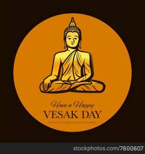 Vesak Day vector design of Buddhism religion Buddha holiday. Golden statue of meditating Buddha, Thai buddhist sacred sculpture greeting card of birth, enlightenment and death of Asian religion god. Vesak Day, Buddha holiday of Buddhism religion