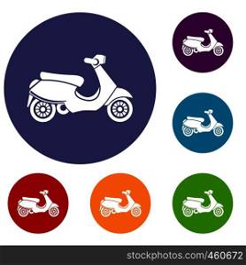 Vespa scooter icons set in flat circle reb, blue and green color for web. Vespa scooter icons set