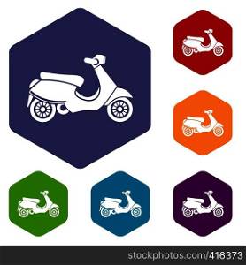 Vespa scooter icons set rhombus in different colors isolated on white background. Vespa scooter icons set