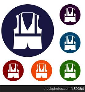 Vest icons set in flat circle reb, blue and green color for web. Vest icons set