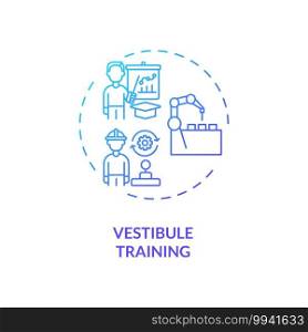 Vestibule training concept icon. Training mode using technology idea thin line illustration. Near-the-job education. Learning in special section. Vector isolated outline RGB color drawing. Vestibule training concept icon