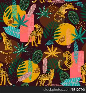 Vestor seamless pattern with leopards and abstract tropical leaves. Trendy style.. Vestor seamless pattern with leopards and abstract tropical leaves.