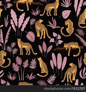 Vestor seamless pattern with leopards and tropical leaves. Trendy style.. Vestor seamless pattern with leopards and tropical leaves.