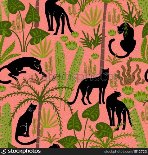 Vestor seamless pattern with panthers and tropical leaves. Trendy style.. Vestor seamless pattern with panthers and tropical leaves.