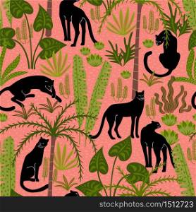 Vestor seamless pattern with panthers and tropical leaves. Trendy style.. Vestor seamless pattern with panthers and tropical leaves.