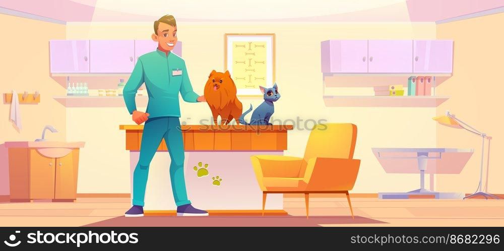 Vet clinic cabinet with animals and doctor. Veterinarian man with dog and cat in his office, pets medical treatment, vaccination or health check up, hospital appointment, Cartoon vector illustration. Vet clinic cabinet with animals pets and doctor