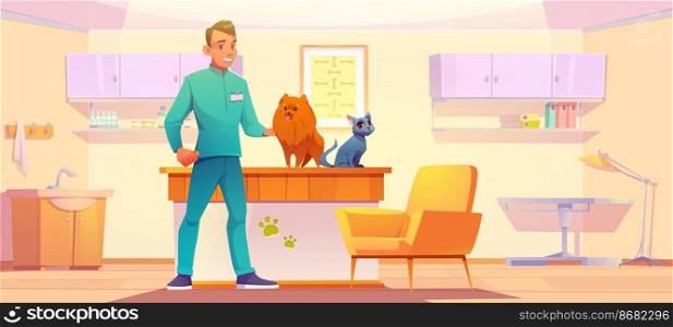 Vet clinic cabinet with animals and doctor. Veterinarian man with dog and cat in his office, pets medical treatment, vaccination or health check up, hospital appointment, Cartoon vector illustration. Vet clinic cabinet with animals pets and doctor