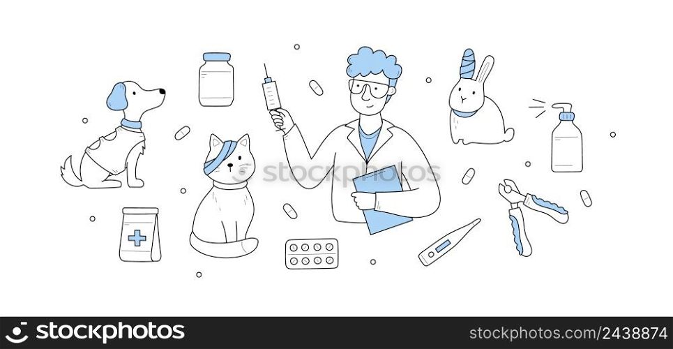 Vet clinic doodle concept with doctor, pets dog, cat or hare and outline icons. Home animals medicine care, veterinary clinic ambulance, treatment, hospitalization service, Linear vector illustration. Vet clinic doodle concept with doctor, dog and cat