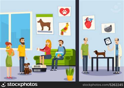 Vet Clinic Flat Orthogonal Poster. Vet clinic waiting room and veterinarian office dog check up process flat orthogonal flat banners vector illustration