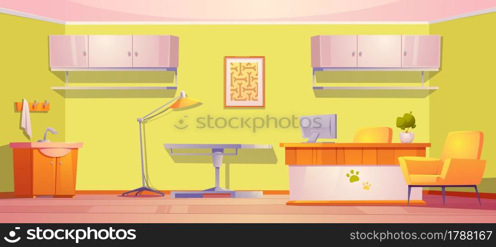 Vet clinic room for medical aid and exam pets. Vector cartoon interior of veterinarian office with doctor desk with computer, table with lamp for examine domestic animals, sink and shelves. Vet clinic room for medical aid and exam pets