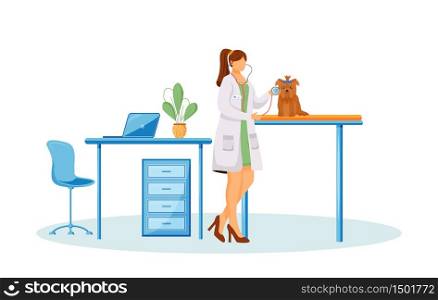 Vet doctor flat color vector faceless character. Female nurse check dog. Pet on table for medical care. Pet treatment. Veterinary isolated cartoon illustration for web graphic design and animation. Vet doctor flat color vector faceless character