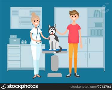Vet doctor holds husky on examination table in. Veterinarian with a phonendoscope working with a dog. Domestic animals treatment concept. Owner of pet communicates with doctor in vet clinic. Vet doctor holds husky on examination table in. Veterinarian with a phonendoscope working with a dog