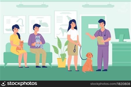 Vet reception. Registration animals in queue to veterinarian, owners with pets in clinic, waiting for doctors appointment. Medical treatment, animal health care. Vector cartoon flat isolated concept. Vet reception. Registration animals in queue to veterinarian, owners with pets in clinic, waiting for doctors appointment. Medical treatment, animal health care. Vector isolated concept