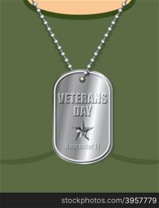 Veterans Day. Military Medallion from soldier in neck. Soldiers badge with national holiday. Traditional Celebration Of America.