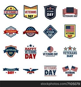 Veterans logo set. Flat set of veterans vector logo for web design. Veterans logo set, flat style