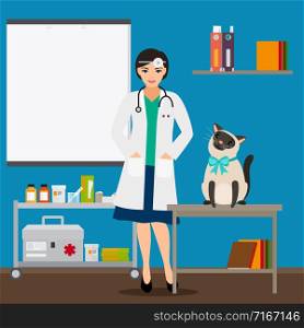 Veterinarian and cat in doctor office vector illustration. Medical veterinarian doctor, health care veterinary. Veterinarian and cat in doctor office vector illustration