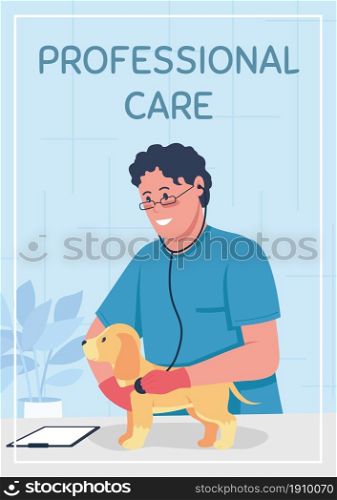 Veterinarian appointment poster flat vector template. Medical check for dog. Brochure, booklet one page concept design with cartoon characters. Professional care flyer, leaflet with copy space. Veterinarian appointment poster flat vector template