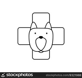 Veterinarian clinic. dog and cross monoline logo vector icon. Vet hospital for animals. Dogs or cats treatment. Kitty and puppy on veterinary reception desk. Medicine for pets.. Veterinarian clinic. dog and cross monoline logo vector icon. Vet hospital for animals. Dogs or cats treatment. Kitty and puppy on veterinary reception desk. Medicine for pets