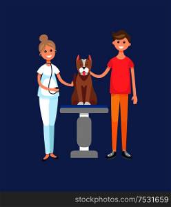 Veterinarian doctor in vet clinic with patient vector. Woman with man and dog sitting on table, animals domestic mammals hospital and care treatment. Veterinarian Doctor in Vet Clinic with Patient