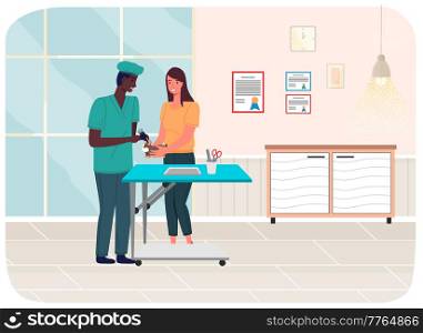 Veterinarian doctor talking to woman hamsters owner in medical office. Girl brought cavy for treatment or inspection to doctor. Visit to vet clinic to check health of domestic animal, pet care. Veterinarian doctor talking to woman hamsters owner in medical office, rodent being treated
