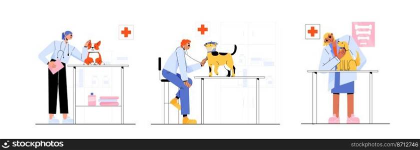 Veterinarian doctors exam dogs in clinic. Vector flat illustration of veterinary care for pets. Characters with stethoscope examine cute puppies on table isolated on white background. Veterinarian doctors exam dogs in clinic