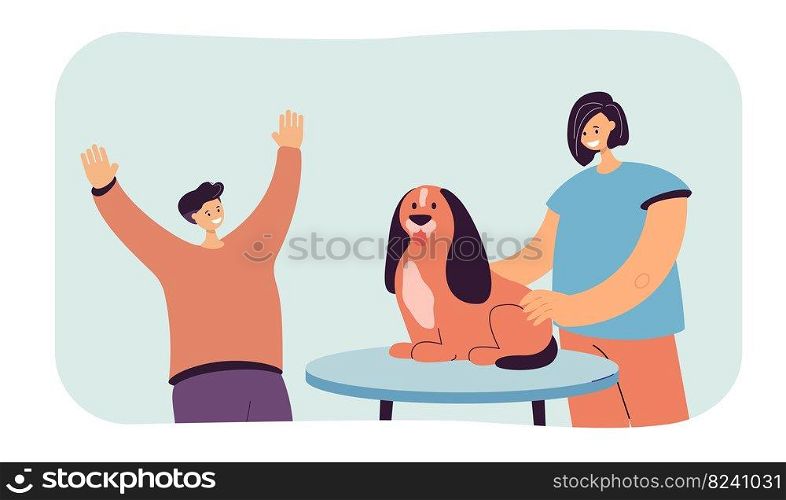 Veterinarian examining dog at clinic flat vector illustration. Male owner happy that his pet healthy. Occupation, vet clinic, healthcare concept for banner, website design or landing web page