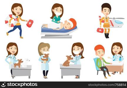 Veterinarian examining dog in hospital. Veterinarian checking heartbeat of a dog with stethoscope. Medicine and pet care concept. Set of vector flat design illustrations isolated on white background.. Vector set of doctor characters and patients.