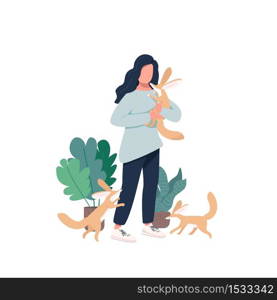 Veterinarian flat color vector faceless character. Domesticated carnivore animal cubs. Woman with fennec foxes. Exotic pets isolated cartoon illustration for web graphic design and animation. Veterinarian flat color vector faceless character