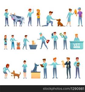 Veterinarian icons set. Cartoon set of veterinarian vector icons for web design. Veterinarian icons set, cartoon style