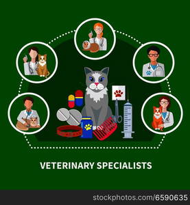 Veterinarian specialist treatments flat icons composition with cat medication accessories pets care products paw print vector illustration . Veterinary Specialists Flat Composition 