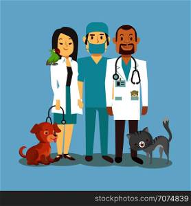 Veterinarian staff with cute pets isolated on blue. Veterinary doctor with animals dog and cat. Vector illustration. Veterinarian staff with cute pets isolated on blue