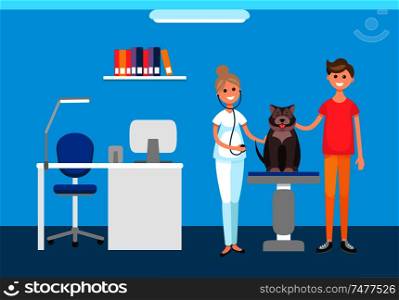 Veterinarian veterinary check up at pets clinic vector. Interior of domestic animals treatment hospital, man with dog canine examination of illness. Veterinarian Veterinary Checkup at Pet Clinic