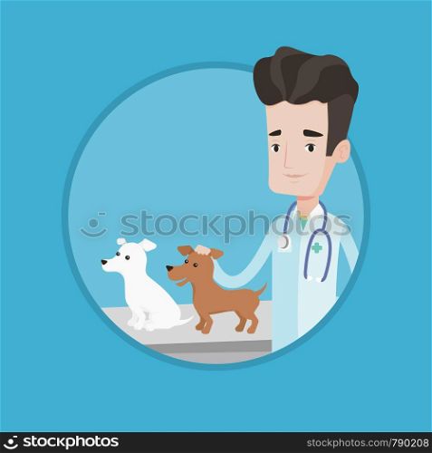 Veterinarian with stethoscope examining dogs in hospital. Veterinarian with dogs at vet clinic. Concept of medicine and pet care. Vector flat design illustration in the circle isolated on background.. Veterinarian examining dogs vector illustration.