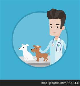 Veterinarian with stethoscope examining dogs in hospital. Veterinarian with dogs at vet clinic. Concept of medicine and pet care. Vector flat design illustration in the circle isolated on background.. Veterinarian examining dogs vector illustration.