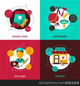 Veterinary 2x2 design concept set of feed and accessories for animals vet clinic and pet shop compositions flat vector illustration . Veterinary 2x2 Design Concept