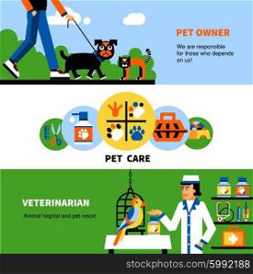 Veterinary banners with pet and veterinarian . Flat horizontal Veterinary banners with owner of pet dog for walk pet care tools and veterinarian treating parrot vector illustration