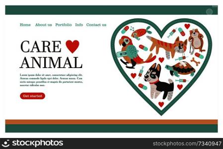 Veterinary care. Care of animals. Banner with space for text for veterinary clinic. A set of cute sick animals.