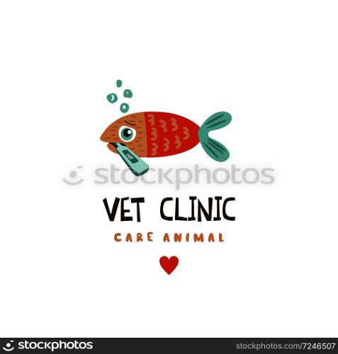 Veterinary care. Logo, vector illustration for veterinary clinic. Poor sick fish with a thermometer.. Veterinary care. Logo, vector illustration for veterinary clinic
