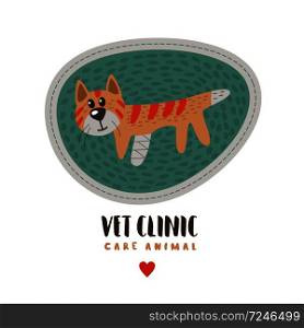 Veterinary care. Sticker, vector illustration for veterinary clinic. Funny cute kitten with a sore paw.. Veterinary care. Sticker, vector illustration for veterinary clinic.